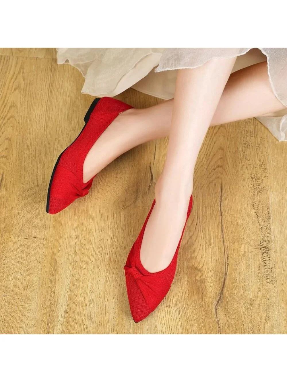 Women's Red Knit Comfortable Ballet Flats Pointed Toe Lightweight Casual Shoes